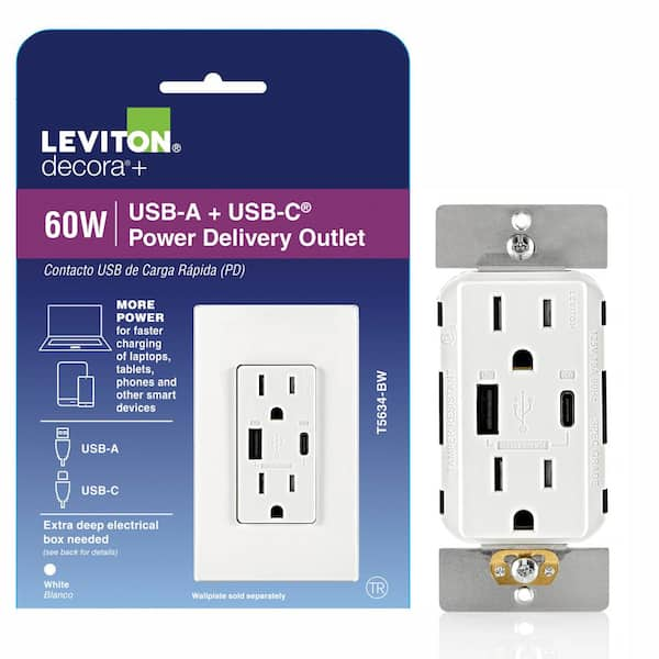 Decora 15 Amp Tamper Resistant Duplex Outlet with 60W USB-A + USB-C Power Delivery Charger, White (1-Pack) T5634-W