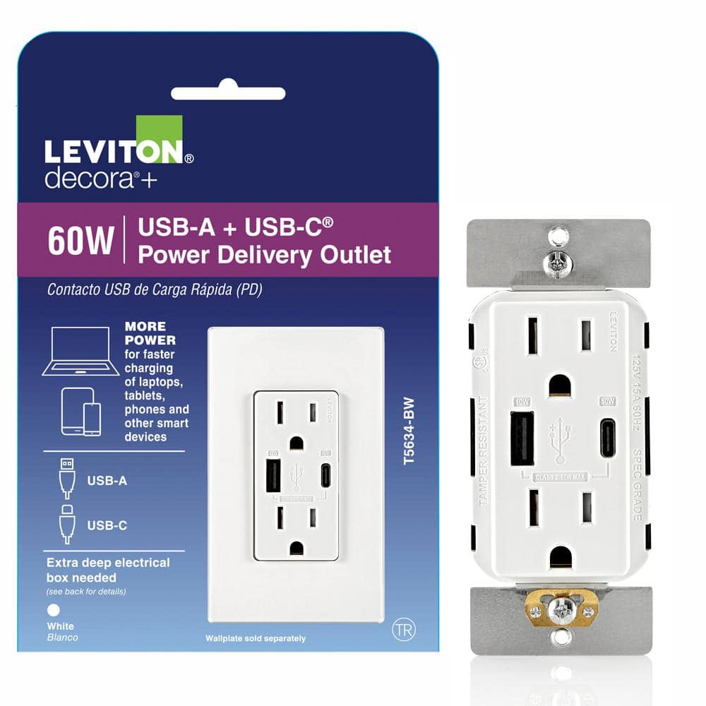 Leviton Decora 15 Amp Tamper Resistant Duplex Outlet with 60W USB