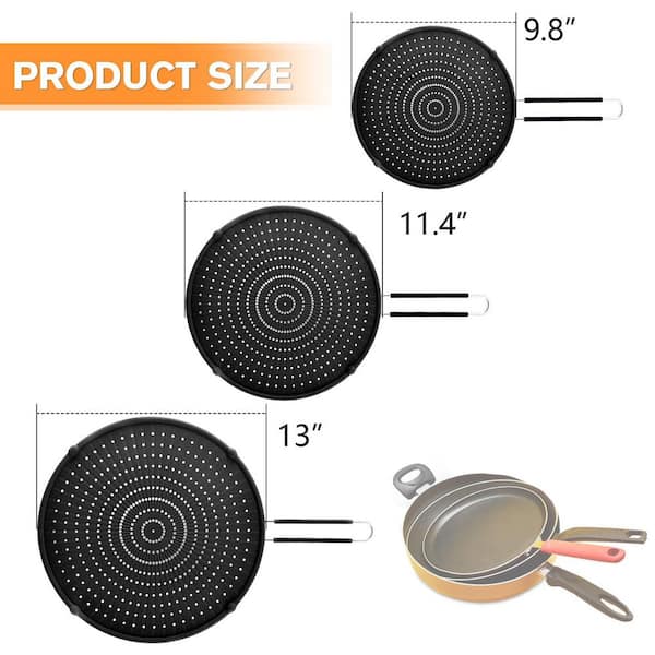 13 in. 11.4 in. 9.8 in. Heat-Resistant Silicone Splatter Screen for Frying Pan Cooking, Black (3-Pack)