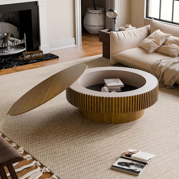 Leigh 39.37 in. Light Brown Round MDF Wood Coffee Table with Storage, Fluted Design