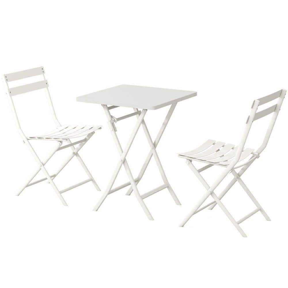 White 3-piece metal folding bistro set including a square table and two chairs.
