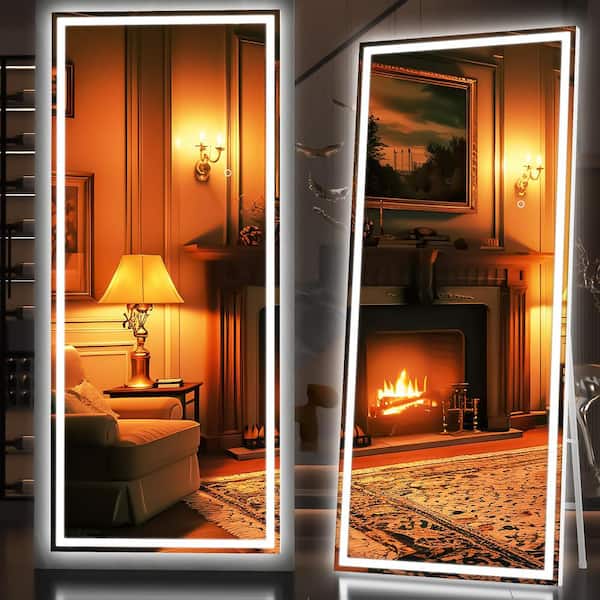 Vosuja 28 in. W x 75 in. H Square White LED Lighted Floor Standing Mirror, Hanging Mounted Mirror, Dimmable, Tempered Glass