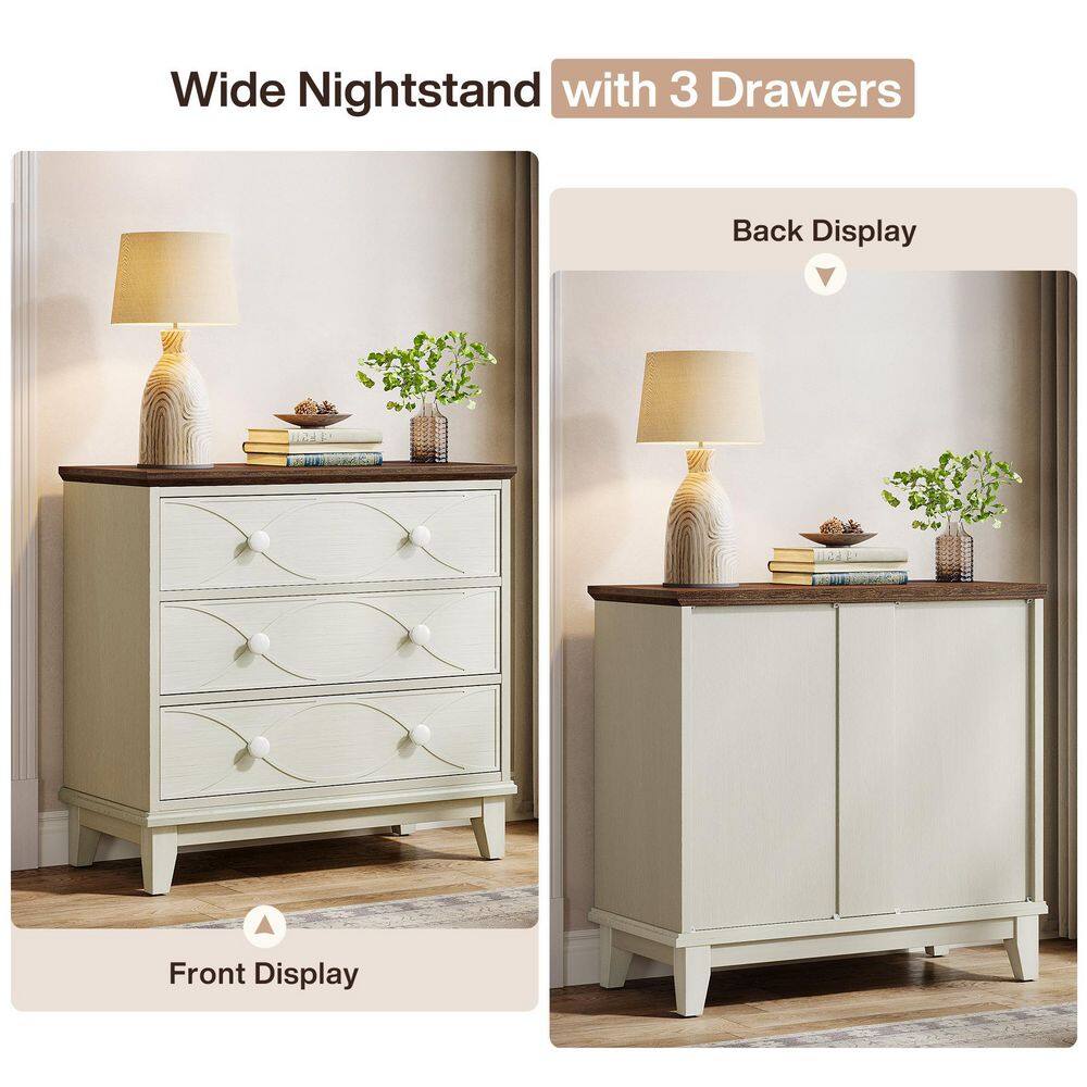 Distressed White and Brown 3-Drawer Farmhouse Nightstand