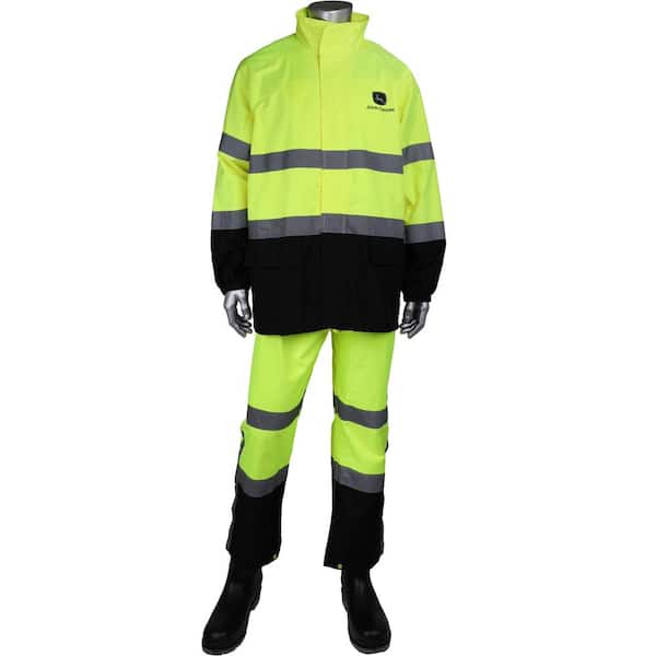 John Deere Men's X-Large High Vis Yellow Polyurethane-Coated Polyester Waterproof ANSI Class III 2-Piece Rain Suit