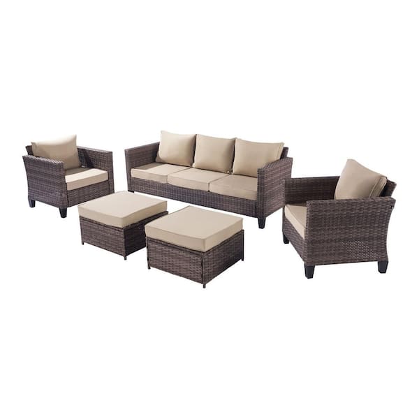maocao hoom 5-Piece Brown Wicker Patio Conversation Set with Brown Cushions