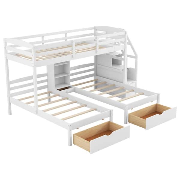 Nestfair White Twin over Twin and Twin Wood Bunk Bed with Drawers ...