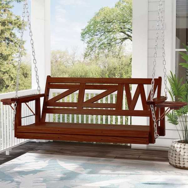 Wooden Dark Brown Porch Swing Hanging with Chains and Cupholders