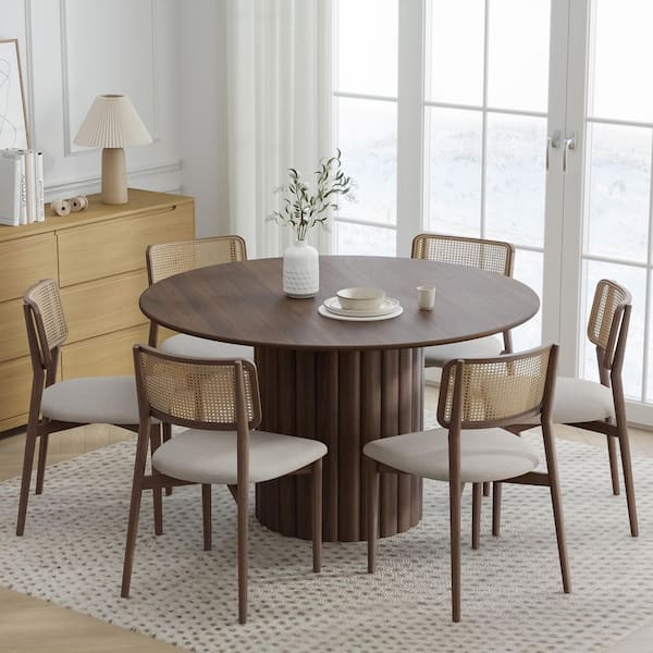 Lirago Round Walnut Wood 52 in. Column Base Dining Table Seats 6