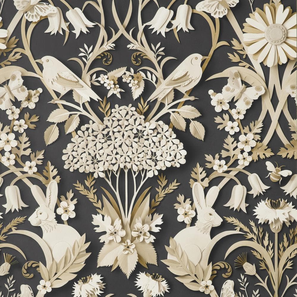 Whimsical Charcoal and White 3D Woodland Wallpaper