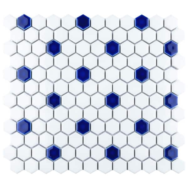 Merola Tile Metro Ion 1 in. Hex Sapphire Dot with Glossy White 6 in. x 6 in. Porcelain Mosaic Take Home Tile Sample