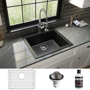 QT- 820 Quartz 25 in. Single Bowl Drop-In Kitchen Sink in Black with Bottom Grid and Strainer