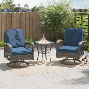 Livorna Gray 3-piece Steel Wicker Patio Swivel Chair Set with Blue Cushions