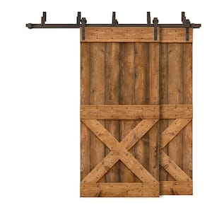 72 in. x 84 in. Mini X Series Bypass Walnut Stained Solid Pine Wood Interior Double Sliding Barn Door with Hardware Kit