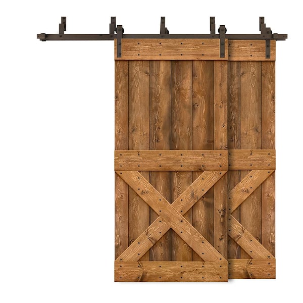 CALHOME 72 in. x 84 in. Mini X Series Bypass Walnut Stained Solid Pine Wood Interior Double Sliding Barn Door with Hardware Kit