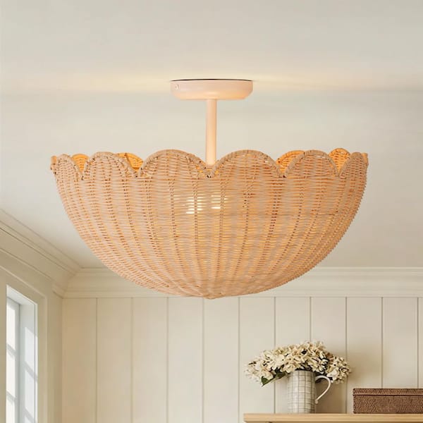 Ravia 17.7 in. 2-Light Bowl Matte White Farmhouse Semi-Flush Mount Scalloped Woven Rattan for Living Room Foyer