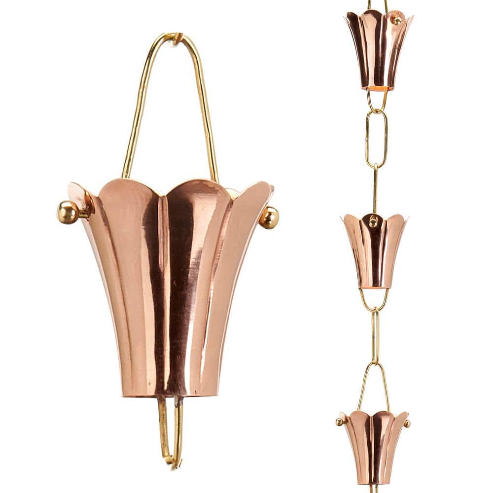 8.5ft Pure Copper Fluted Flower Rain Chain with Brass Links