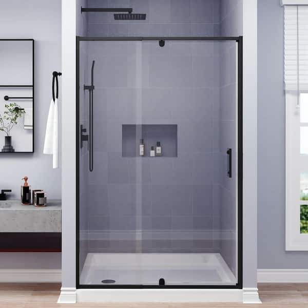 TOOLKISS 50 to 54 in. W x 71 in. H Framed Pivot Shower Door in Black with Clear Glass