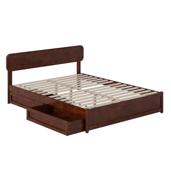 Capri Walnut Brown Solid Wood Frame Queen Platform Bed with Panel Footboard and Storage Drawers