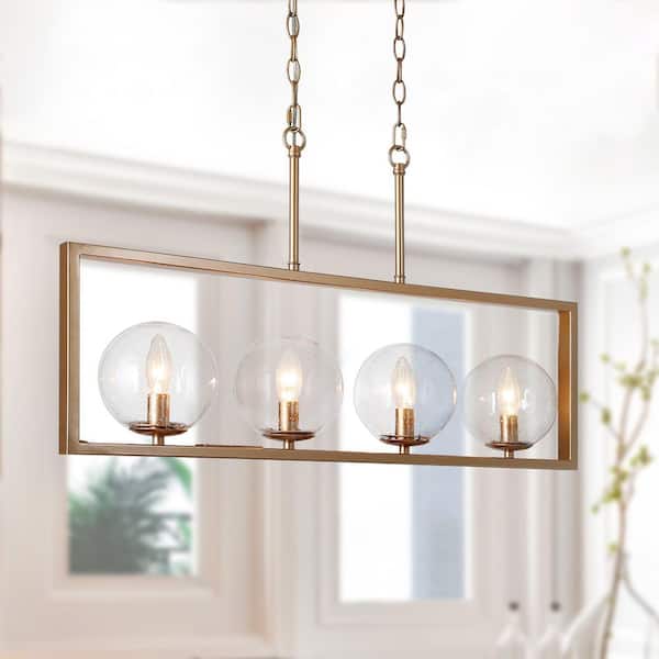 Modern Gold Kitchen Island Chandelier, 30 in. 4-Light Farmhouse Brass Globe Dining Living Room Chandelier Pendant Light