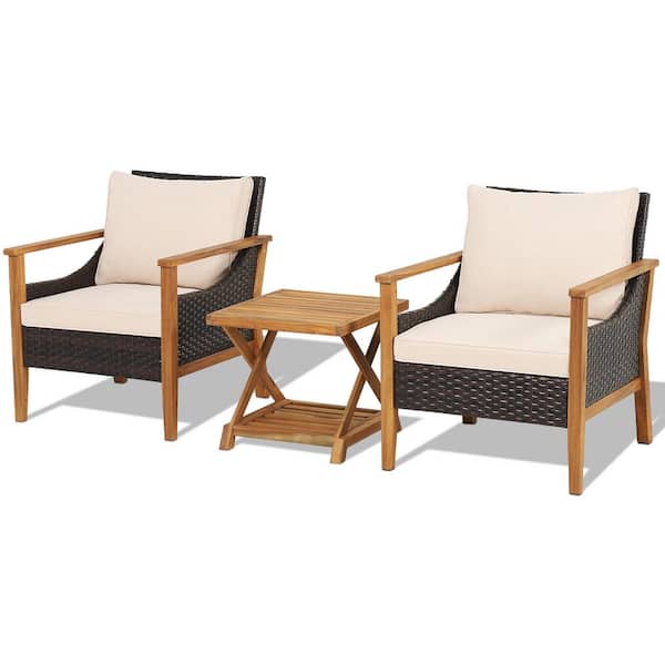 ANGELES HOME 3-Piece Wicker Patio Conversation Set with 2-Tier Side Table and Beige Cushioned Armchairs, Natural, Mix Brown