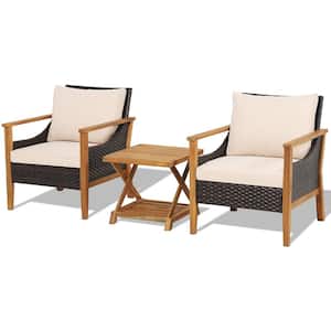 3-Piece Wicker Patio Conversation Set with 2-Tier Side Table and Beige Cushioned Armchairs, Natural, Mix Brown