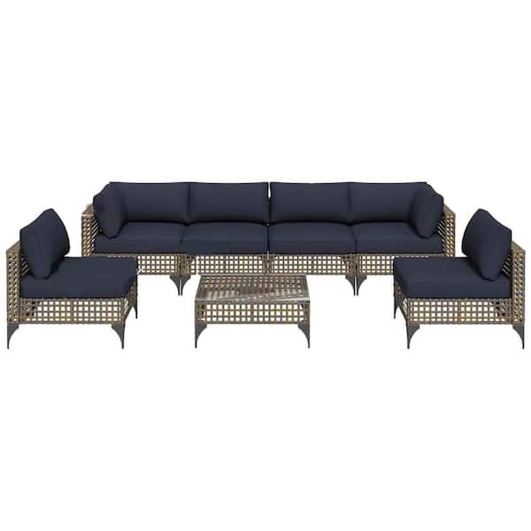 Sudzendf 7-Pieces Brown PE Rattan Wicker All Weather Outdoor Sofa Sectional Set with Gray Cushions and Coffee Table