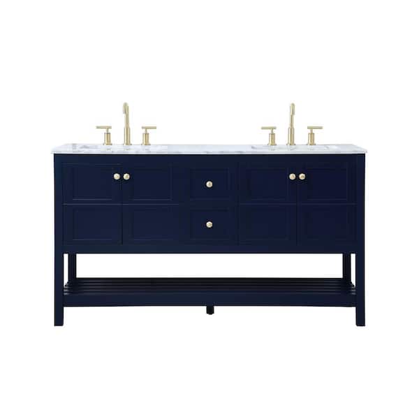 Unbranded Timeless Home 60 in. W x 22 in. D x 34 in. H Single Bathroom Vanity in Blue with Carrara White Marble and White Basin