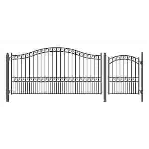 17 ft. x 6 ft. Black Steel Single Swing Driveway Gate Paris Style 12 ft. with Pedestrian Gate 5 ft. Fence Gate