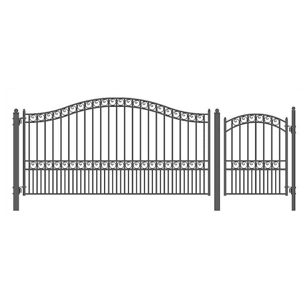 ALEKO 17 ft. x 6 ft. Black Steel Single Swing Driveway Gate Paris Style 12 ft. with Pedestrian Gate 5 ft. Fence Gate