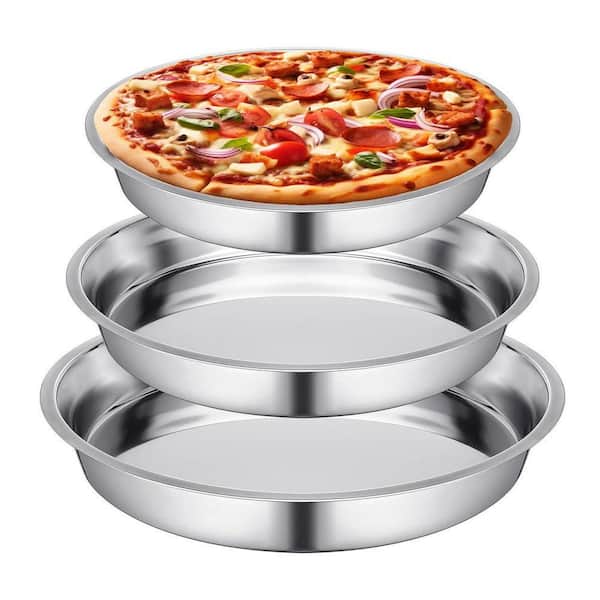3 Piece Stainless Steel Deep Pizza Pan Set Rust Proof Dishwasher Safe Oven Tray for Baking, Serving, Display