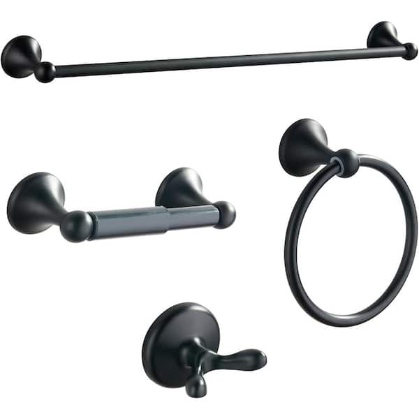 Unbranded 4-Pieces Bath Hardware Set with Adjustable Expandable Towel Bar, Ring, Robe Hook and Toilet Paper Holder in Matte Black