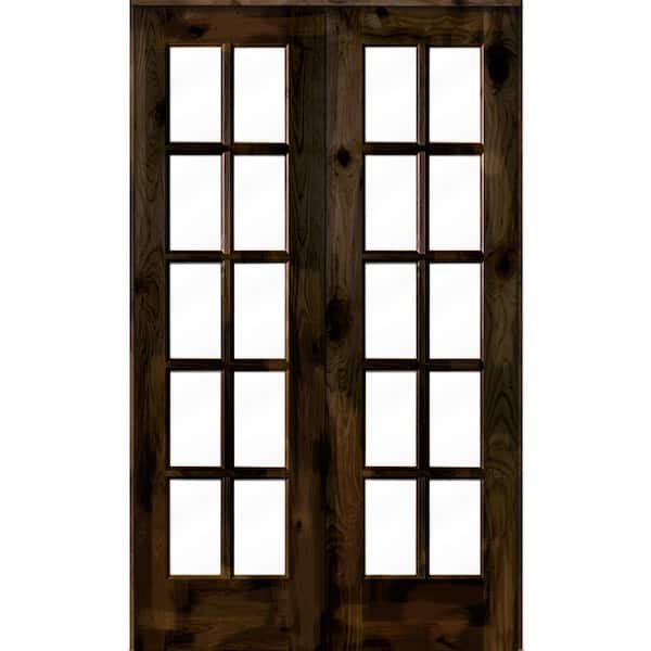 Krosswood Doors 48 in. x 80 in. Knotty Alder Universal/Reversible 10-Lite Clear Glass Black Stain Wood Double Prehung French Door