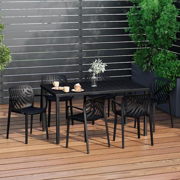Frond and Form Outdoor Patio Modern 7-Piece Rectangular Steel Table, 6 Stackable HDPE Plastic Chairs Dining Set, Black