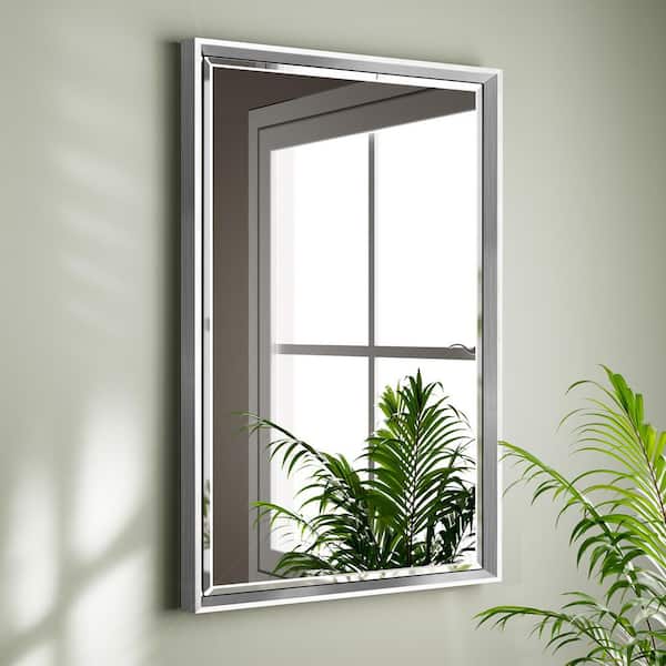 OnaBella 16 in. W x 24in. H Rectangular Aluminum Thin Framed Wall Mount Beveled Bathroom Vanity Mirror in Silver