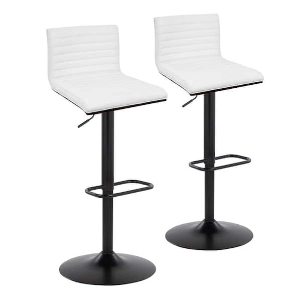 Lumisource Mason 43 in. Adjustable Height White Faux Leather & Black Metal Bar Stool with Rounded Rectangle Footrest (Set of 2)