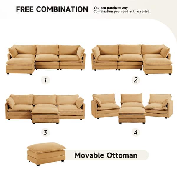 112 in. W 4-Piece Modern Fabric Sectional Sofa with Ottoman in Yellow