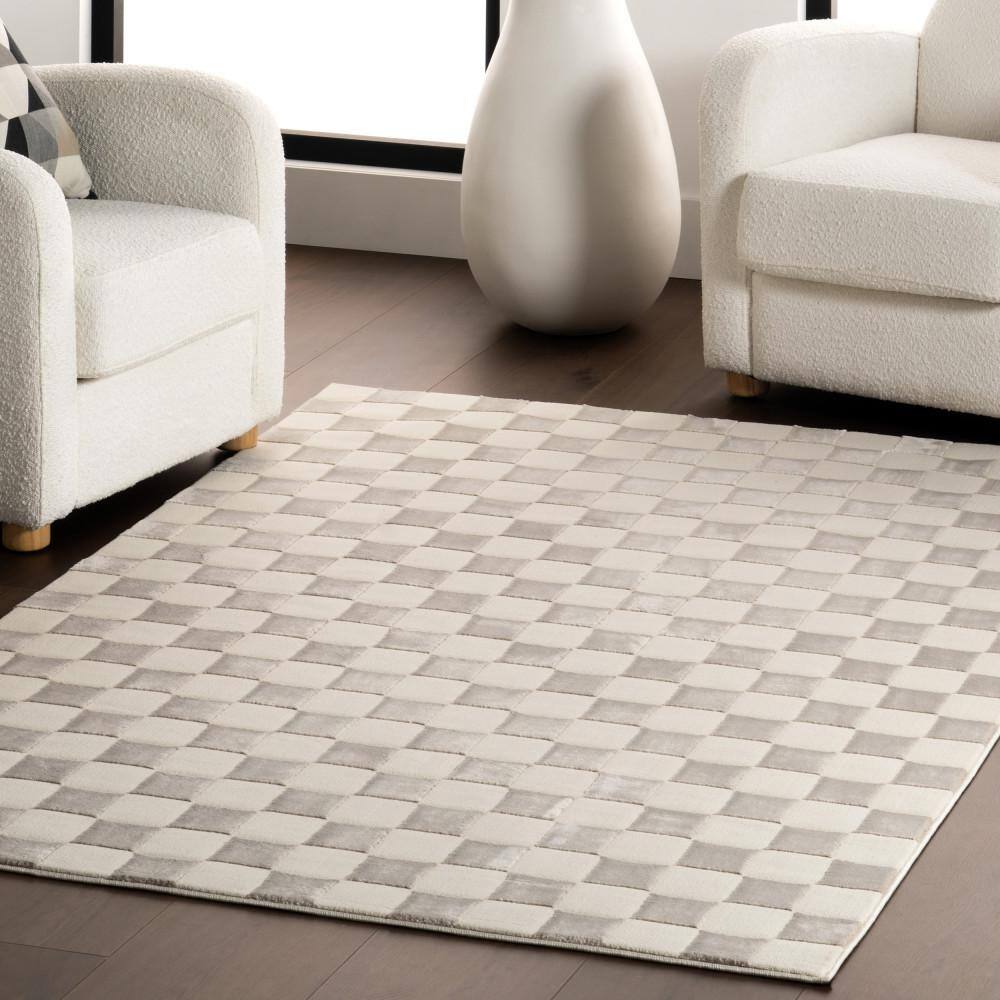 Cream and Gray Checkered Machine Washable Synthetic Area Rug, 3' x 5'