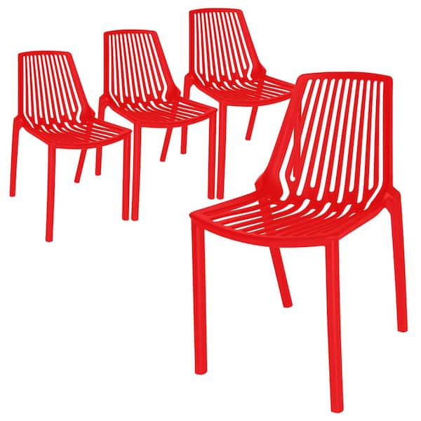Leisuremod Acken Modern Stackable Dining Side Chair with Plastic Seat and Legs Set of 4 (Red)