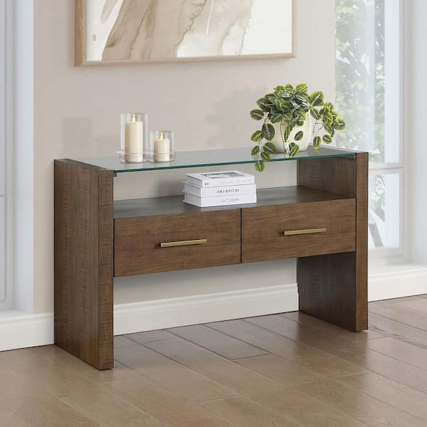 Steve Silver Garland 48 in. Glass Rectangle Brown Wood Sofa Console Table