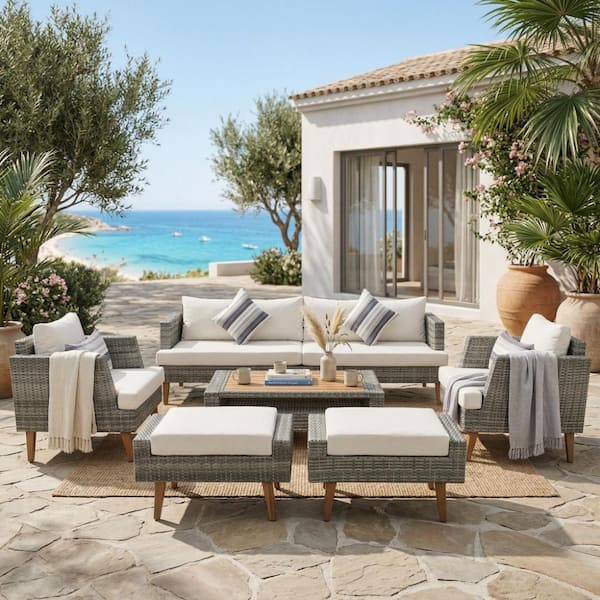 Gray 6-Piece PE Wicker Outdoor Patio Conversation Set with White Cushions