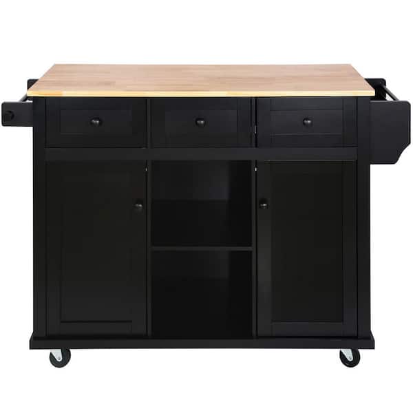 Ziyudura Rolling Black Drop Leaf Wood Top 53 in. Kitchen Island Cart with Storage Racks, Removable Shelves, 5 Wheels