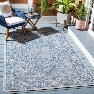 Courtyard Light Gray/Navy 7 ft. x 7 ft. Border Medallion Floral Indoor/Outdoor Patio  Square Area Rug