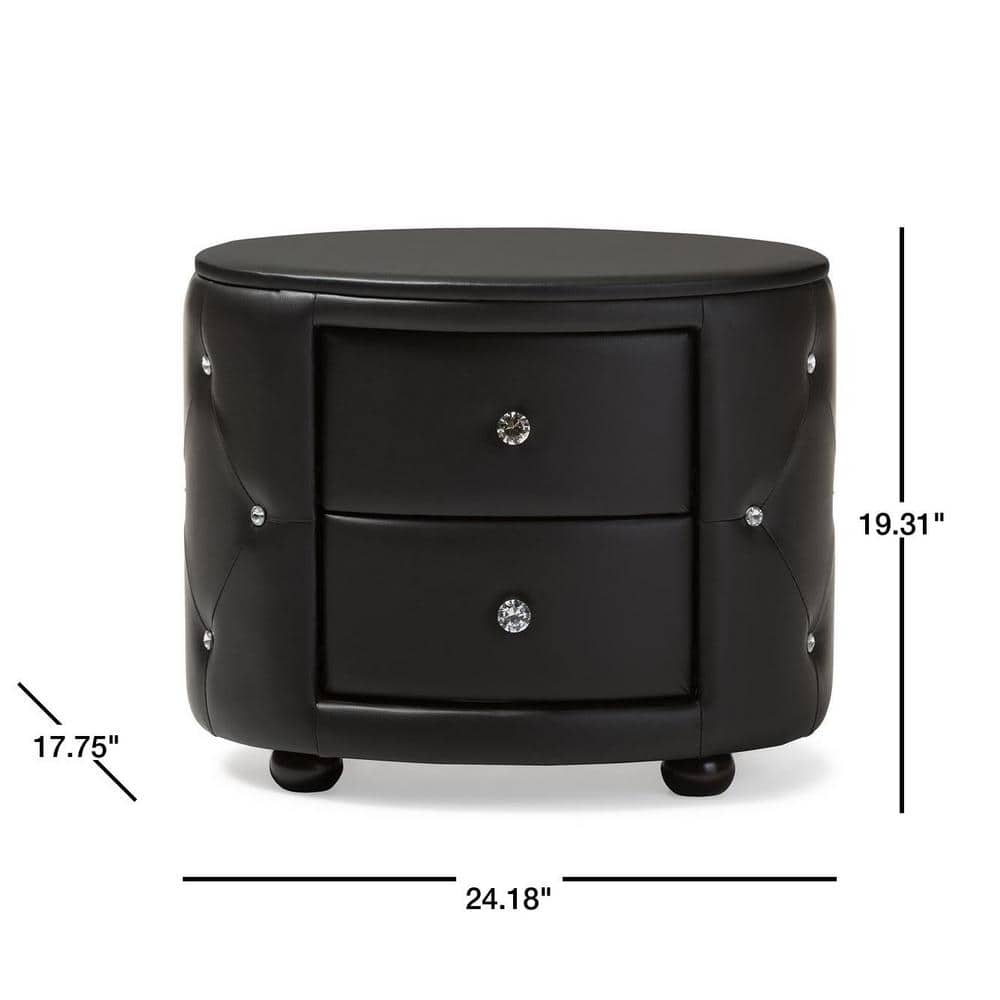 Davina Glam Black Faux Leather Tufted Nightstand with Crystal Knobs
