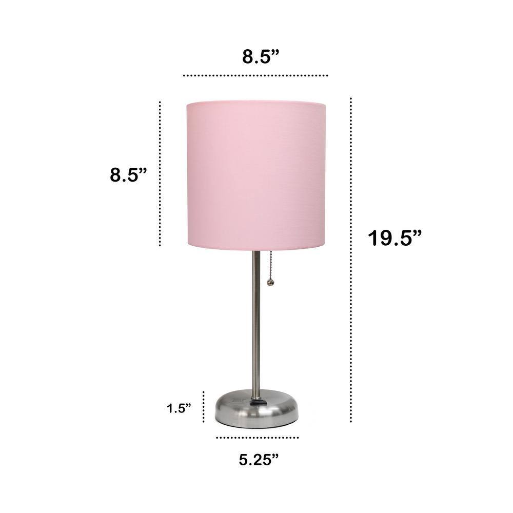 Brushed Steel and Light Pink Contemporary Table Lamp Duo with Power Outlet