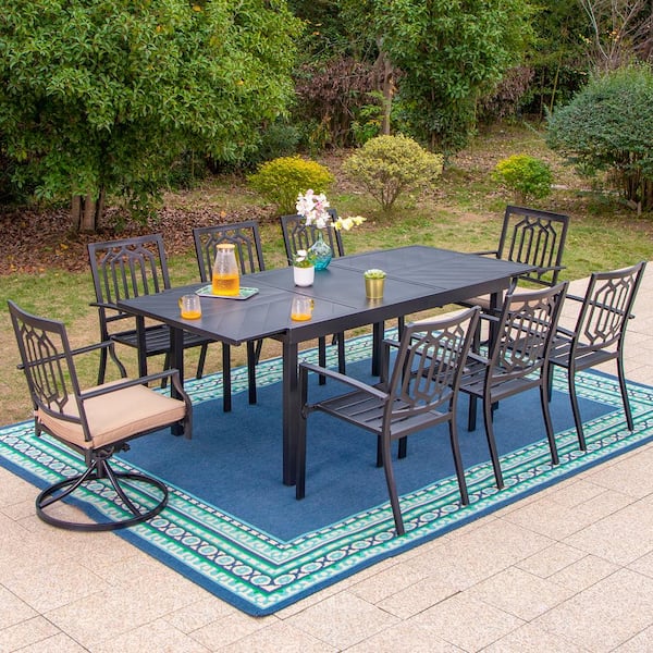 PHI VILLA Black 9-Piece Metal Patio Outdoor Dining Set with Geometric Extendable Table and Fashion Chairs with Beige Cushion