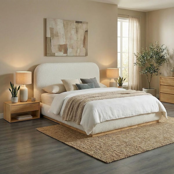 Niva Beige Solid Wood Frame Full Platform Bed with Water-repellent Boucle Headboard and 2 Nightstands, Easy Assembly