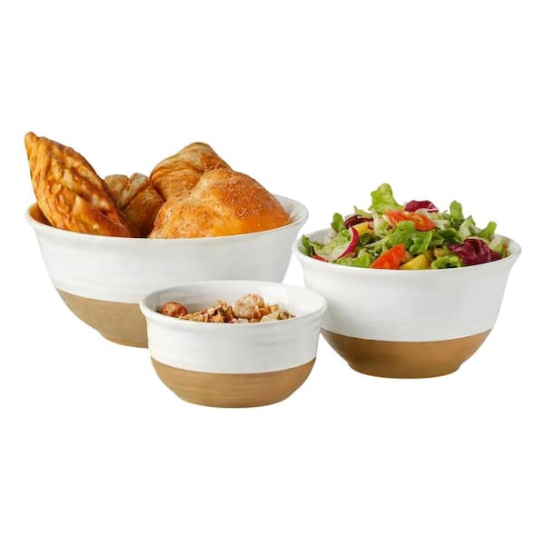 3-Piece White Brown Ceramic Mixing Bowls Set with Patchwork Finish Dishwasher Microwave Safe for Salad Pasta Serving