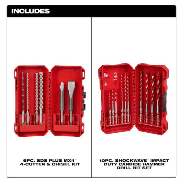 4-Cutter SDS Plus Carbide Drill Bits with Flat & Bull Point Chisel w/SHOCKWAVE Carbide Hammer Drill Bit Set (16-Piece)