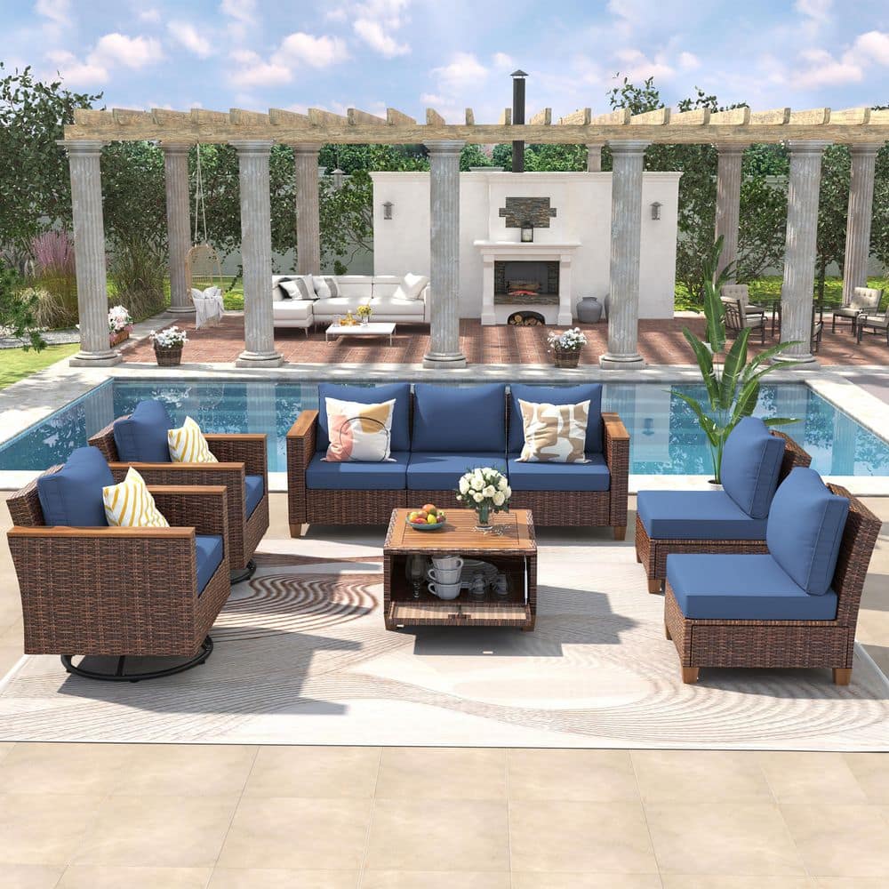 Brown 8-Piece Wicker Outdoor Sectional Set with Blue Cushions and Acacia St