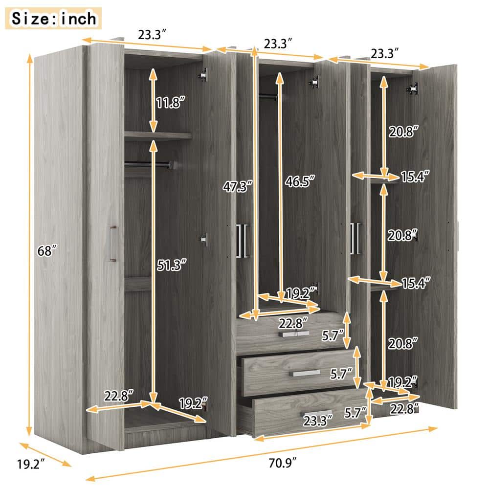 White Wood 70.9 in. 6-Door Wardrobe Armoire with 3-Drawers, 5-Storage Shelves and 3-Hanging Rails - thumbnail 3